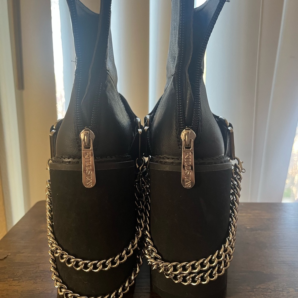 Killstar Mosh Moto Punk Rock Black Platform Ankle Boots with Chain Detail - Picture 2 of 3